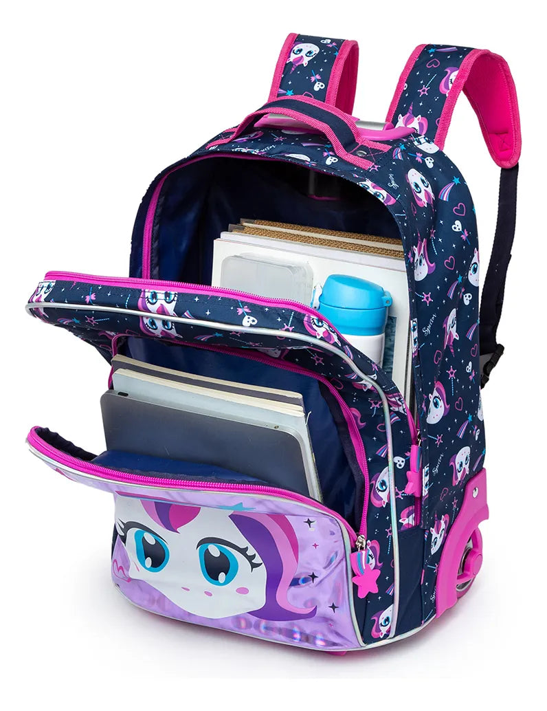 Kit Mochila Lancheira Estojo Infantil Feminina Escolar Roxo Unicórnio