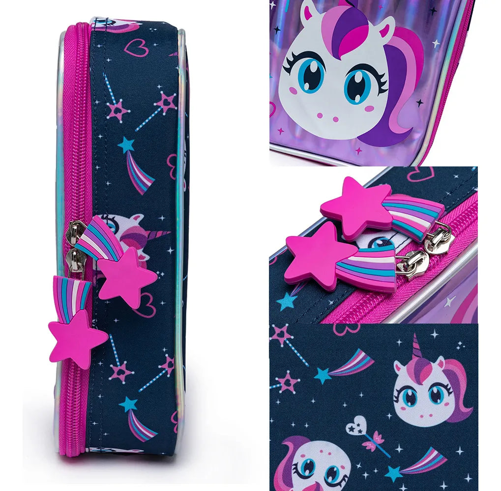 Kit Mochila Lancheira Estojo Infantil Feminina Escolar Roxo Unicórnio