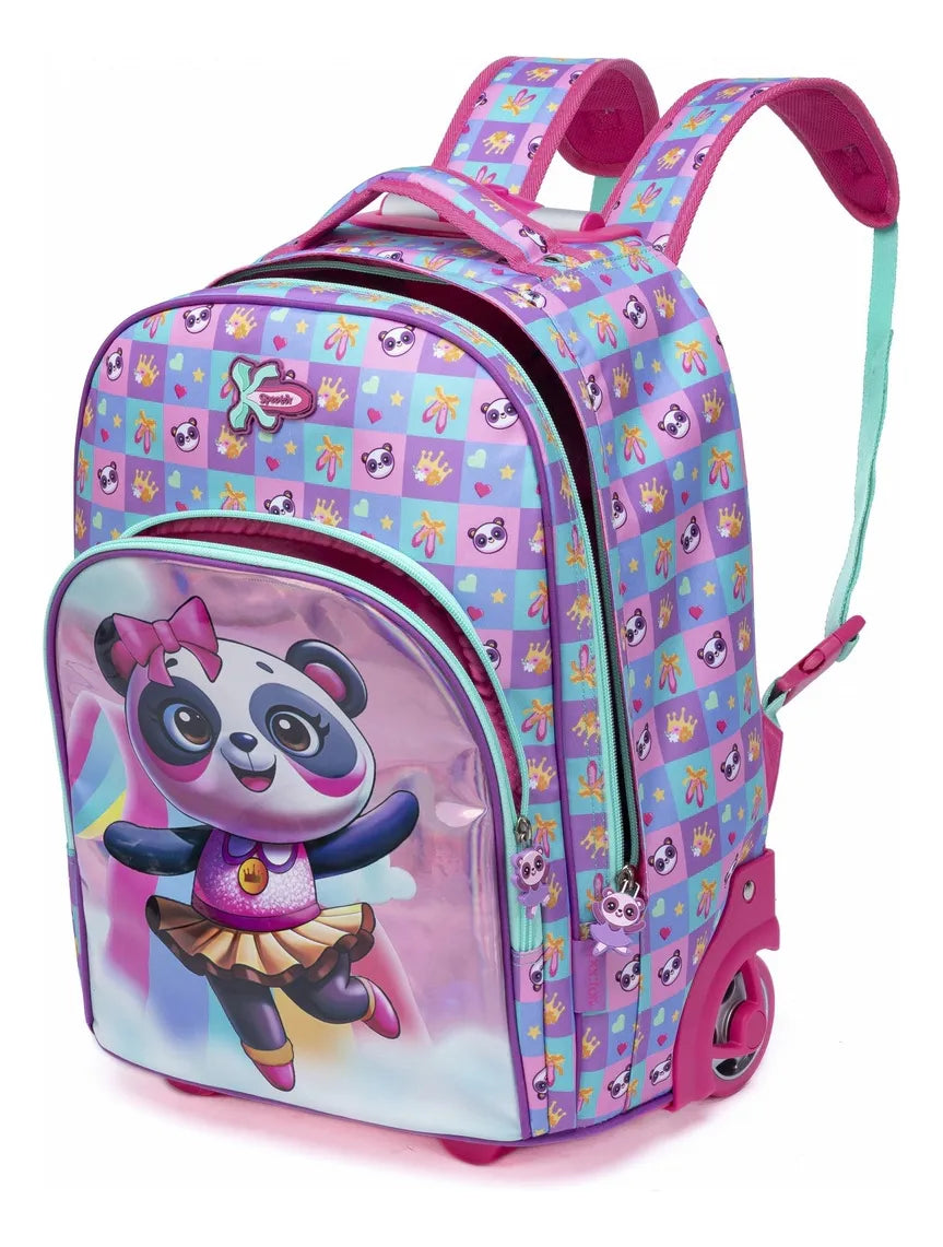 Mochila Infantil Feminina Com Rodinhas Panda Resistente Cor Rosa Desenho Do Tecido Lisa