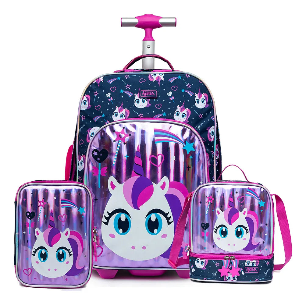 Kit Mochila Lancheira Estojo Infantil Feminina Escolar Roxo Unicórnio