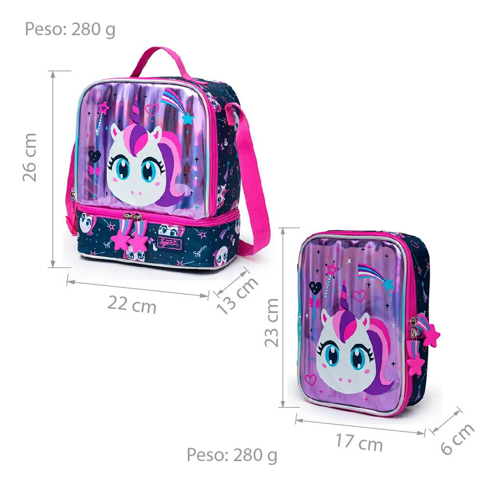 Kit Mochila Lancheira Estojo Infantil Feminina Escolar Roxo Unicórnio
