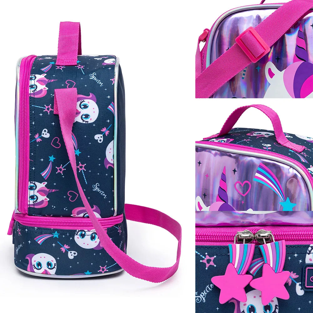 Kit Mochila Lancheira Estojo Infantil Feminina Escolar Roxo Unicórnio