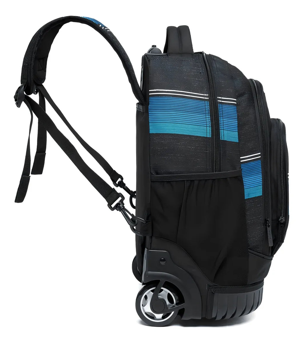 Mochila Escolar De Rodinhas Juvenil Resistente Notebook Cor Preto C Azul Desenho Do Tecido Liso