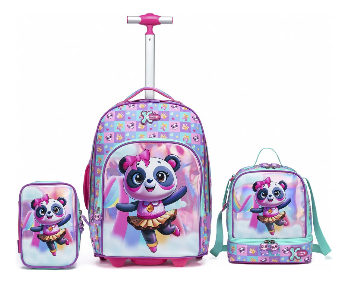 Mochila Infantil Feminina Com Rodinhas Panda Resistente Cor Rosa Desenho Do Tecido Lisa