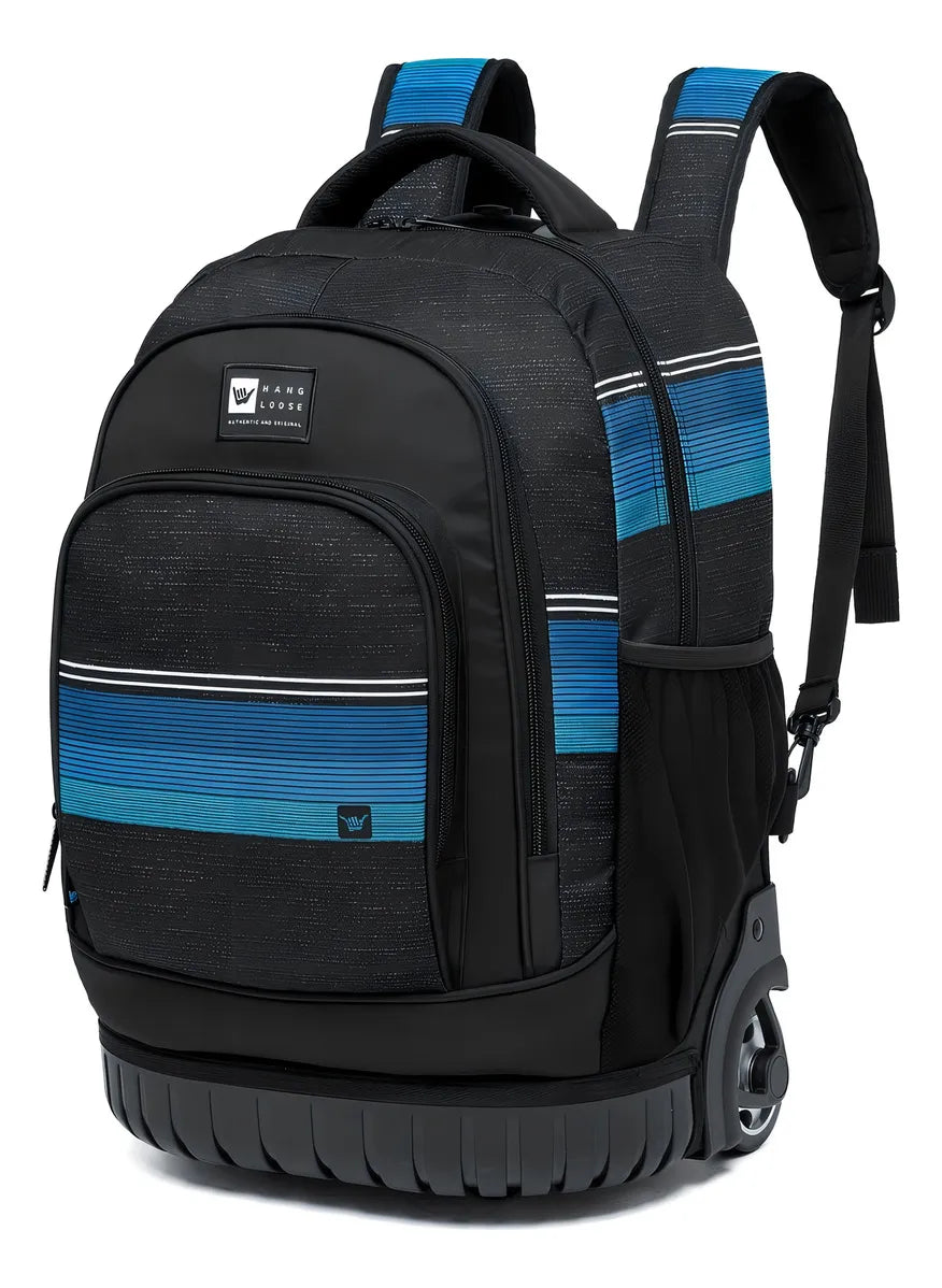Mochila Escolar De Rodinhas Juvenil Resistente Notebook Cor Preto C Azul Desenho Do Tecido Liso
